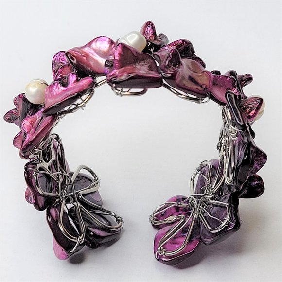 Dark Purple Pearl Adjustable Cuff Bangle Bracelet- NEW - Picture 7 of 13